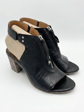 MIZ MOOZ Black Leather Saga Shoeties Sling Back Peep Toe Chunky Heel Zipper 38